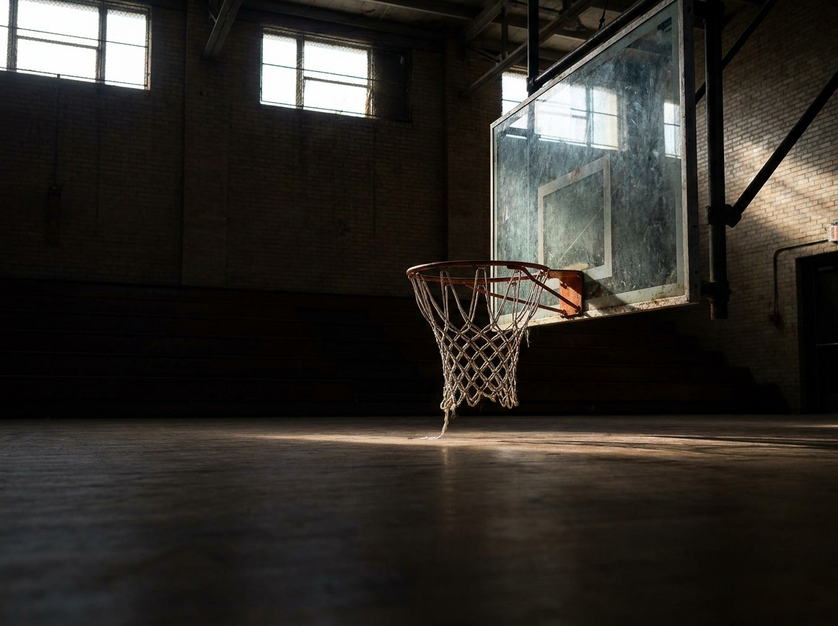 A close-up shot of a basketball hoop and net in an empty gymnasium.
