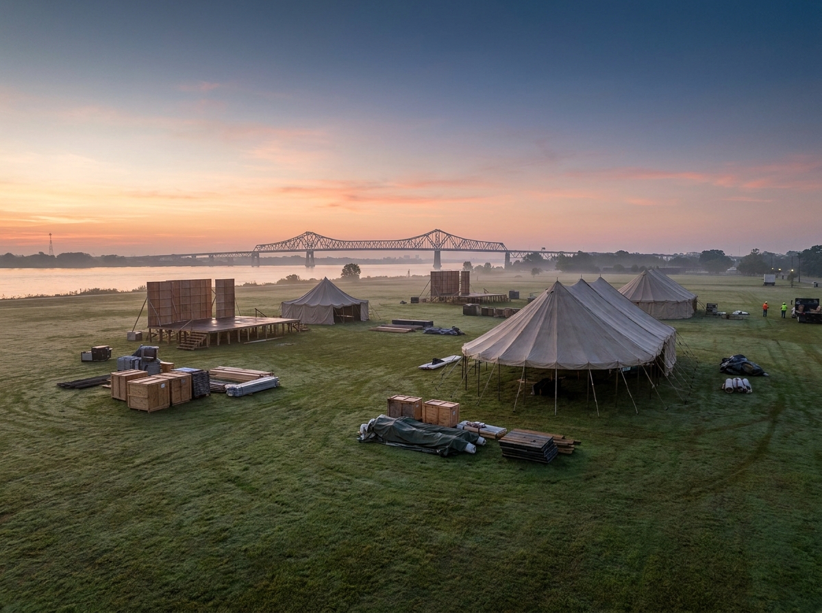 An outdoor event space in Baton Rouge being prepared for a festival.