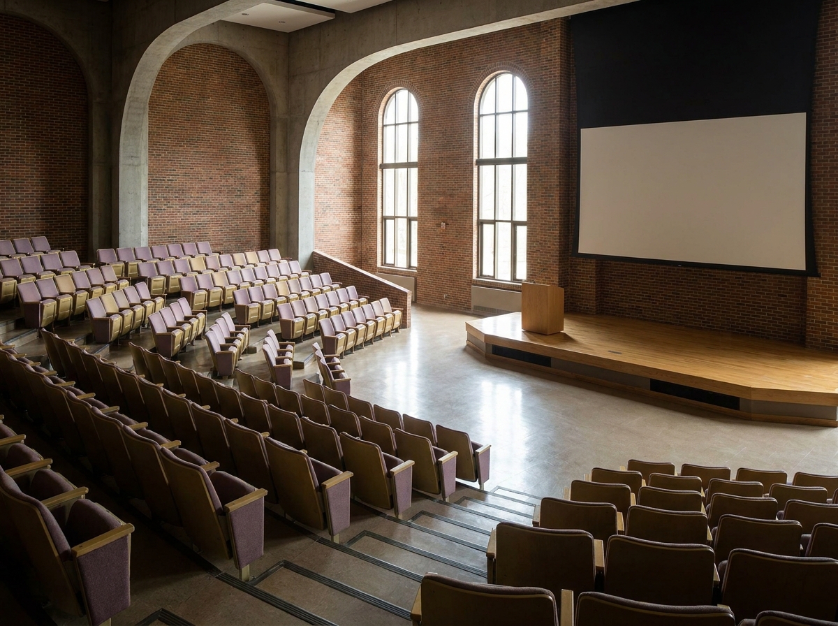 Empty seats in a large auditorium in Baton Rouge, ready for an event.