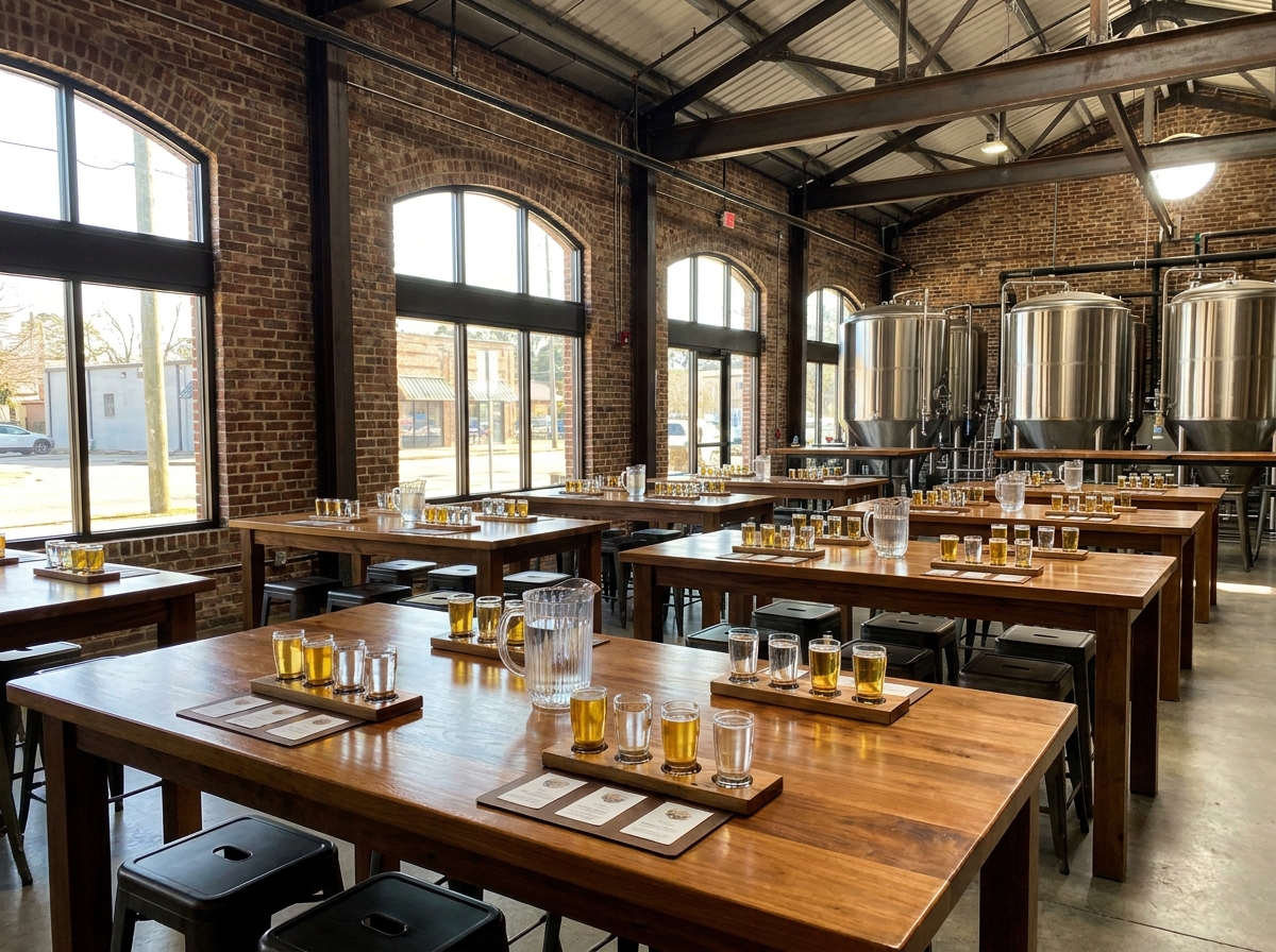 A Baton Rouge brewery taproom set for a private food and drink event.