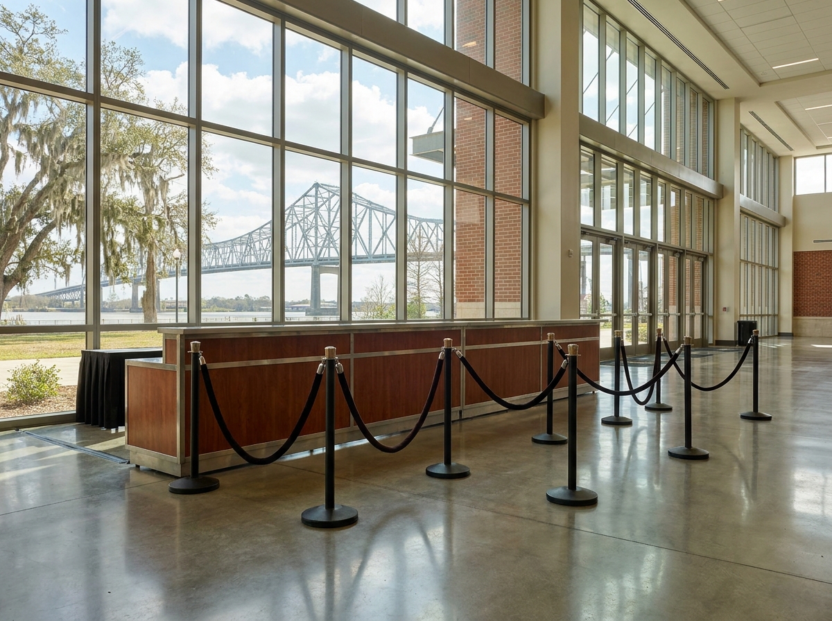 An empty registration desk ready for guest check-in at a Baton Rouge event.