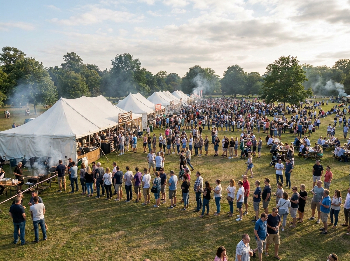 A crowd of attendees at a large barbecue event, waiting for food.