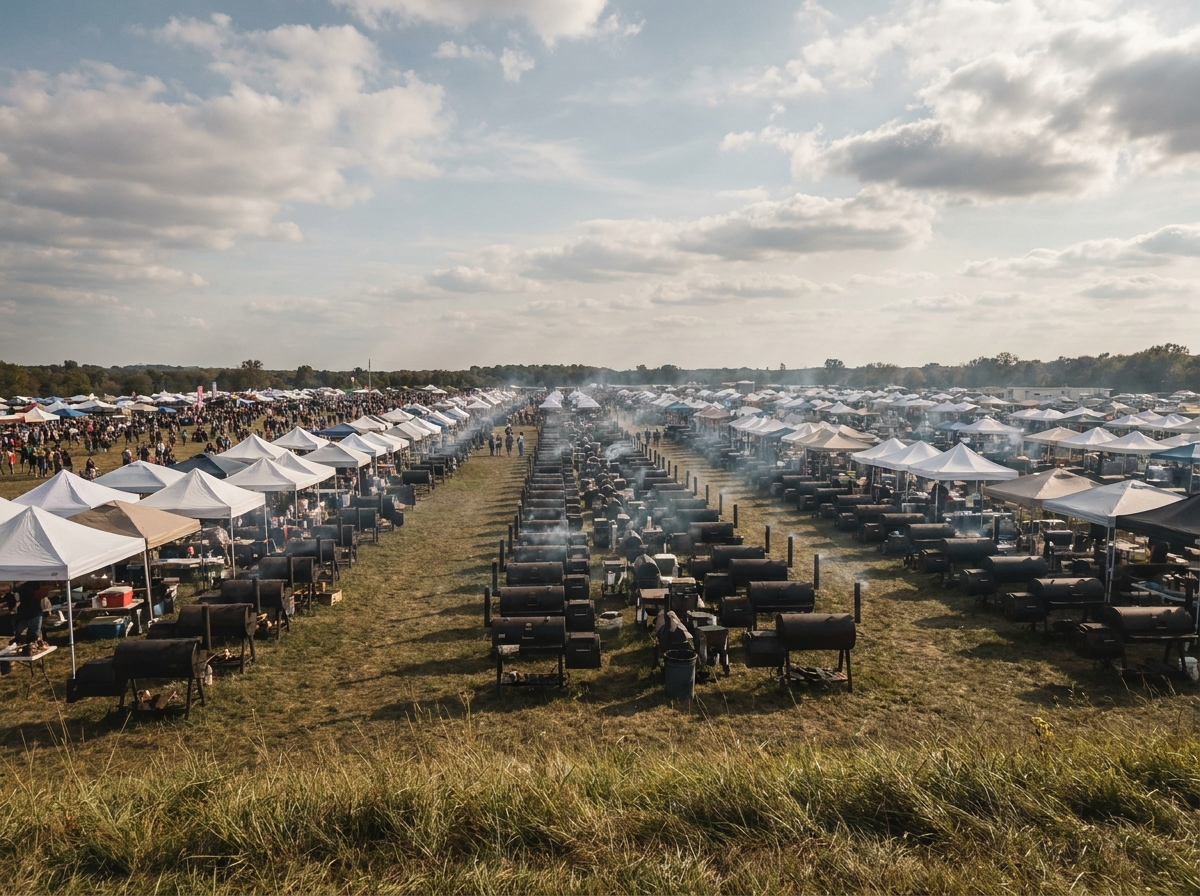 A row of smokers and tents set up for a BBQ competition.