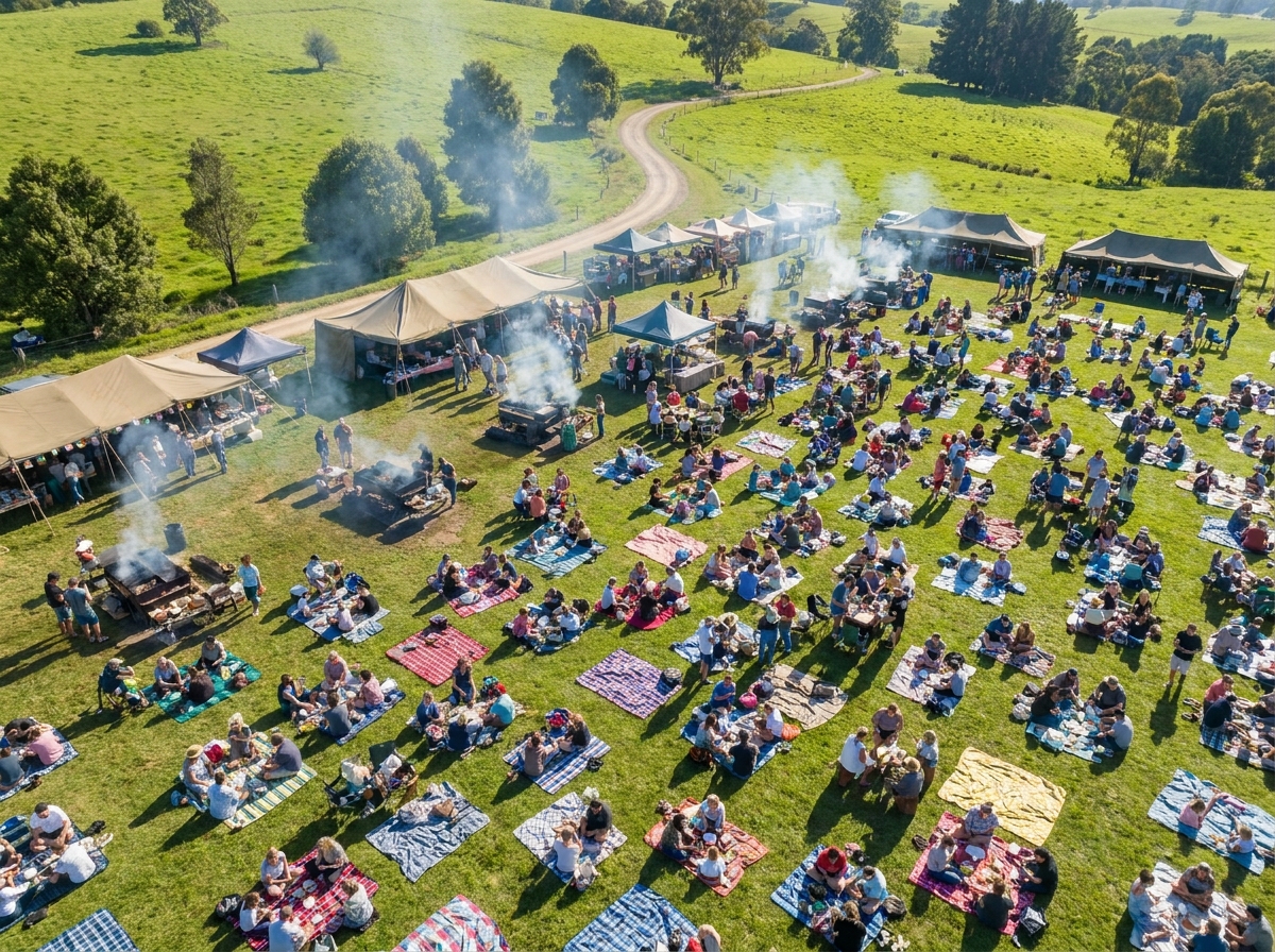 Aerial view of a crowd enjoying a large-scale barbeque event in a park.