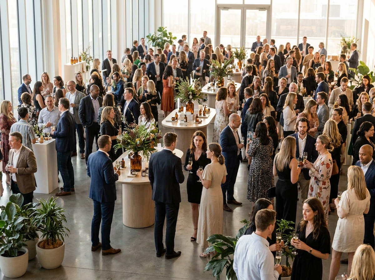 Attendees networking at a stylish beauty product launch event.