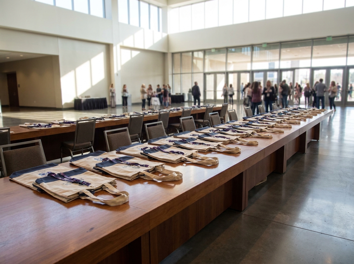 A prepared registration area for a professional beauty conference.