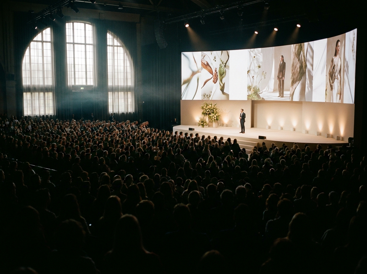 An audience watching a keynote presentation at a large beauty industry event.