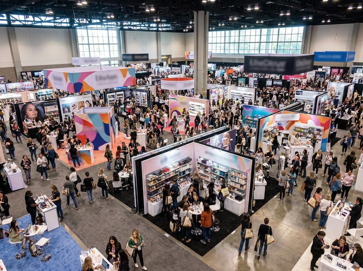 A bird's-eye view of a busy and crowded beauty expo.