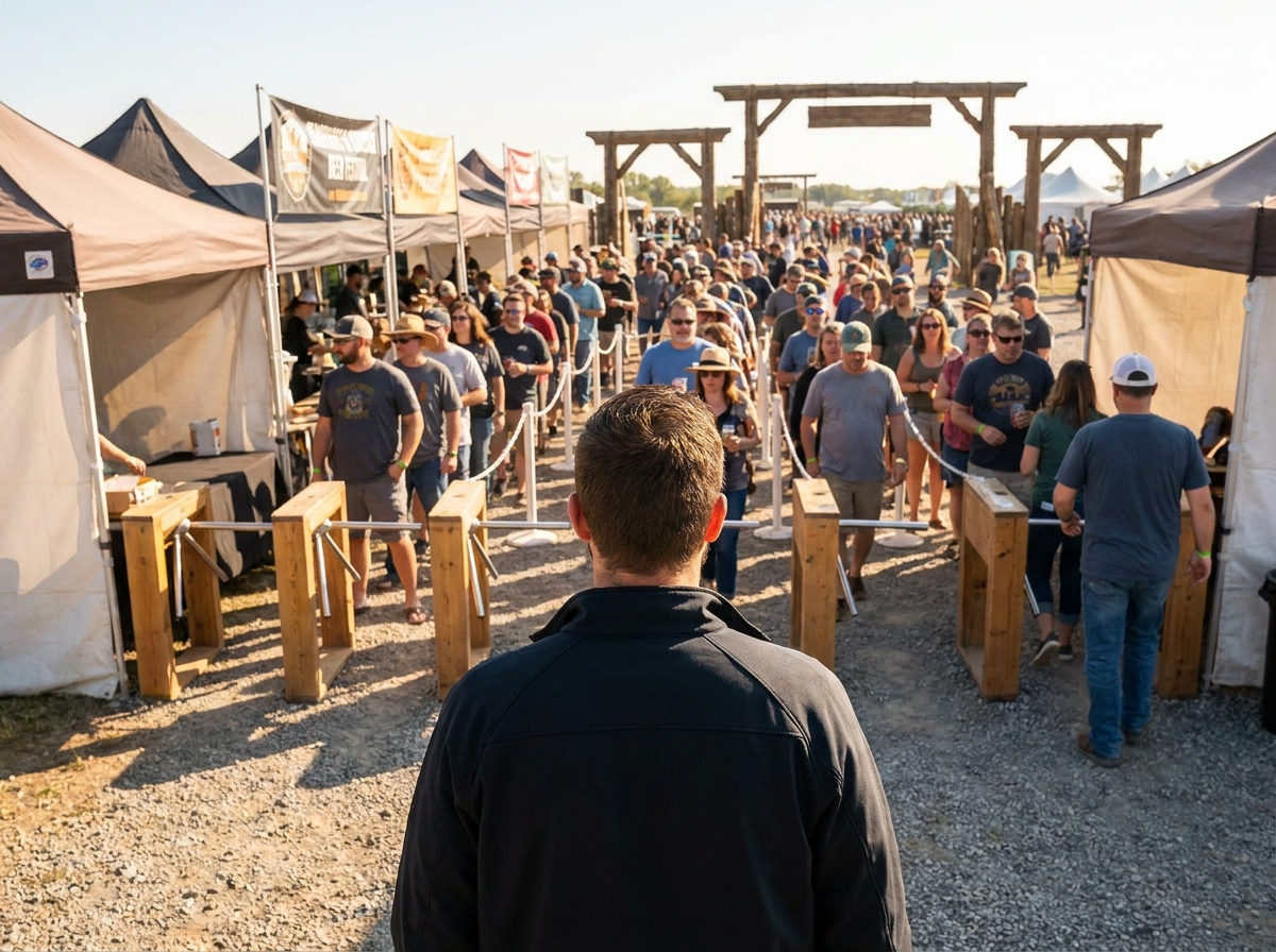 The organized entrance gate of a beer festival, showing attendees entering efficiently.
