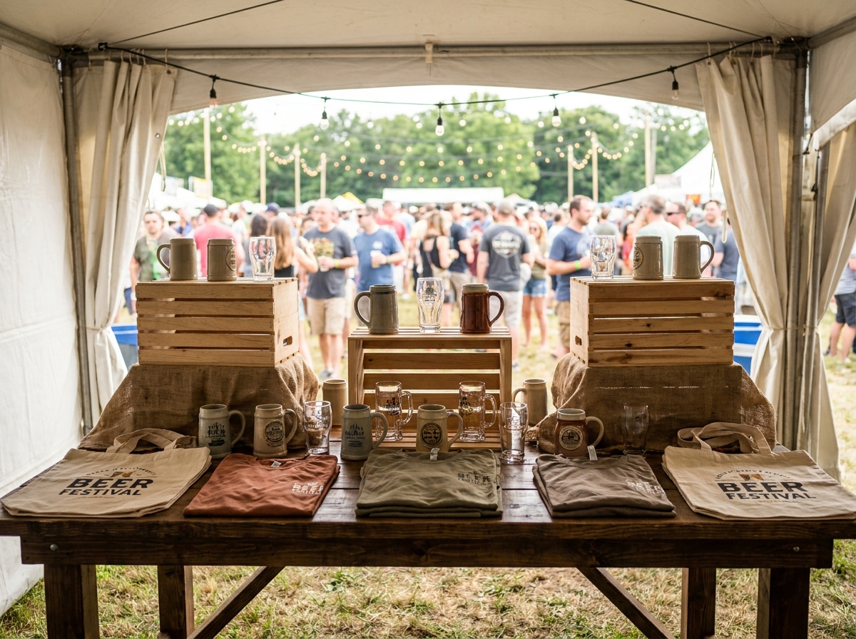 Beer festival merchandise, including tasting glasses, on display.