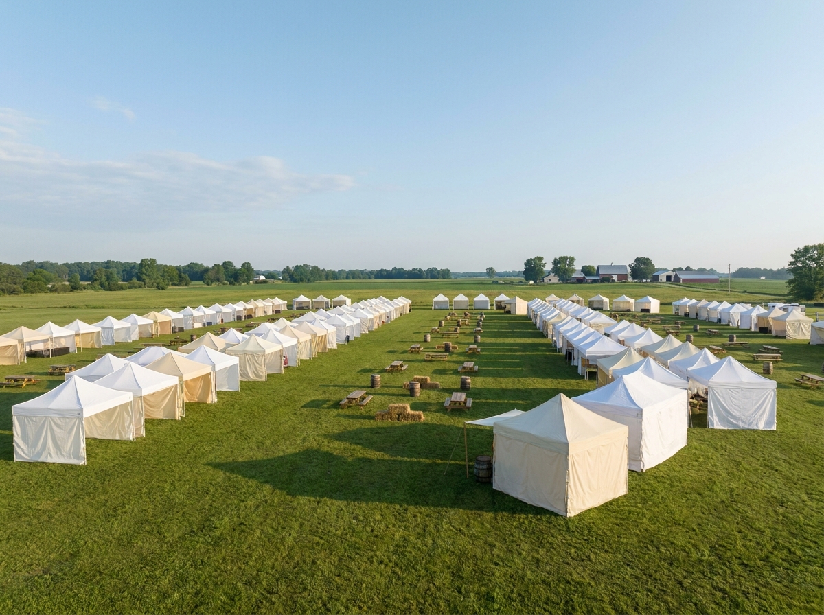 Empty brewery tents set up in neat rows on a field before a beer festival begins.
