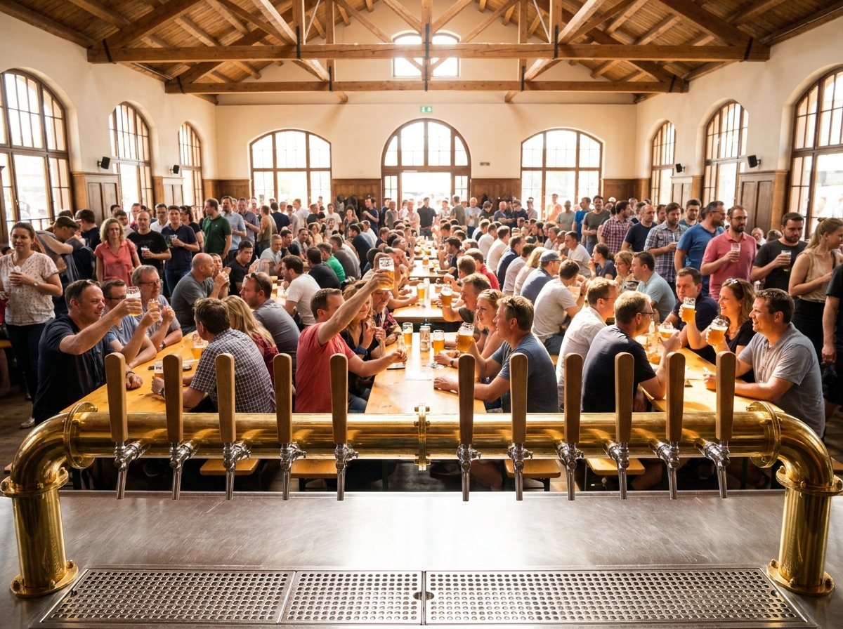 A crowd of people enjoying a beer festival inside a large, sunlit hall.