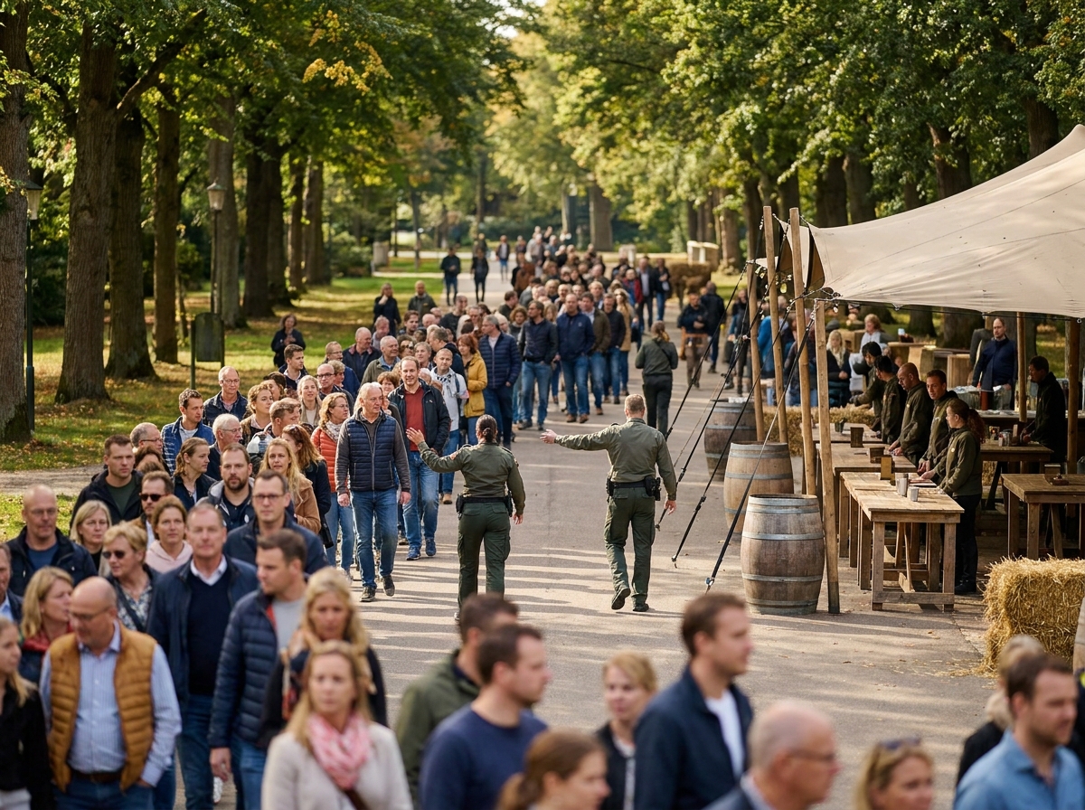 Attendees lining up for entry at a beer event registration table.