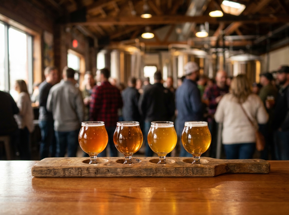 A flight of beer tasters in small glasses ready for a beer event.