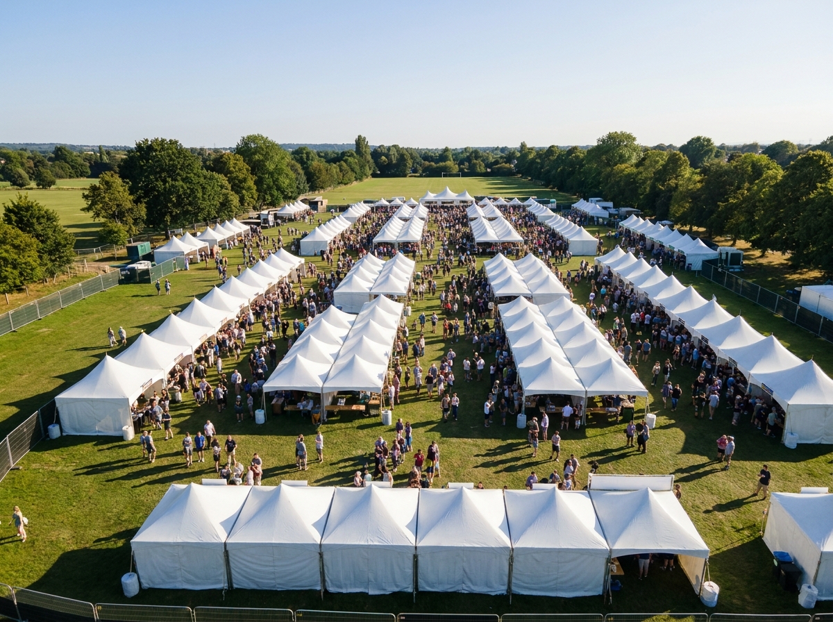 An aerial view of a large outdoor beer festival with brewery tents and crowds.