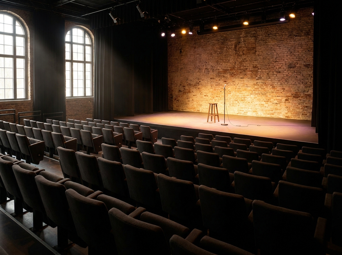 An empty stage at a modern venue ready for a stand-up comedy show in Belfast.