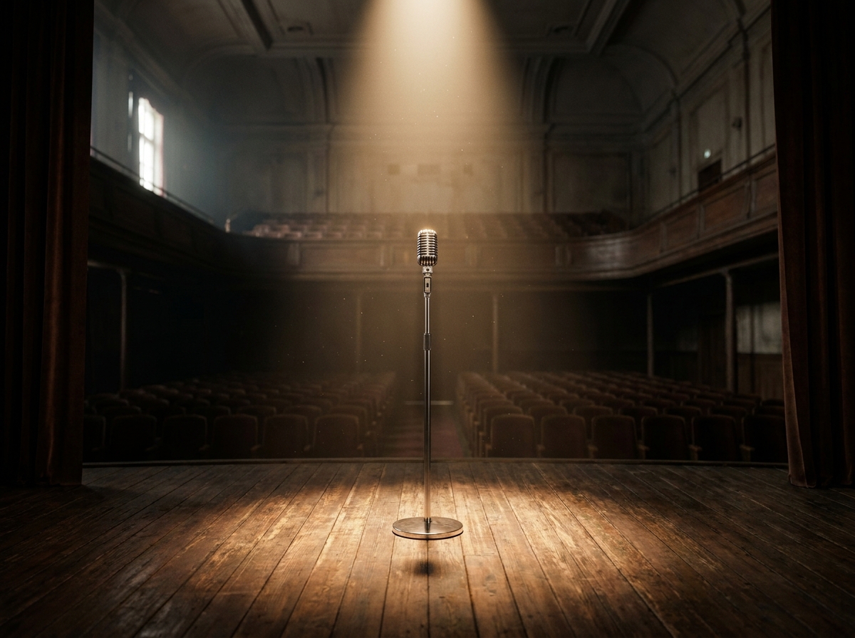 A single microphone under a spotlight, symbolizing a stand-up comedy night.