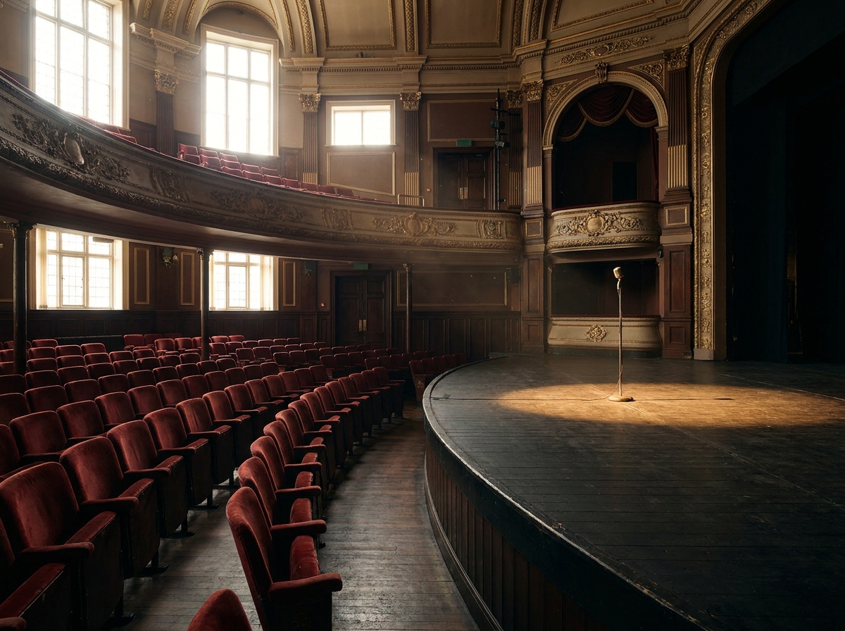 An empty theatre in Belfast prepared for a comedy performance.