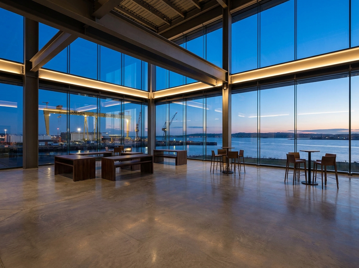 An empty, modern event venue in the Titanic Quarter overlooking the shipyard.