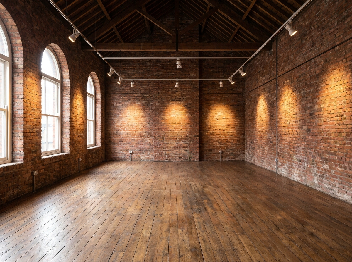 An empty art gallery space with exposed brick walls ready for an event.