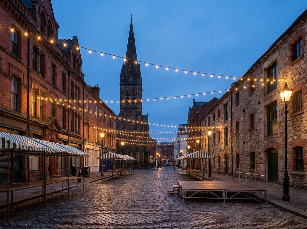 An empty cobblestone street in Belfast set up with lights for an evening festival.