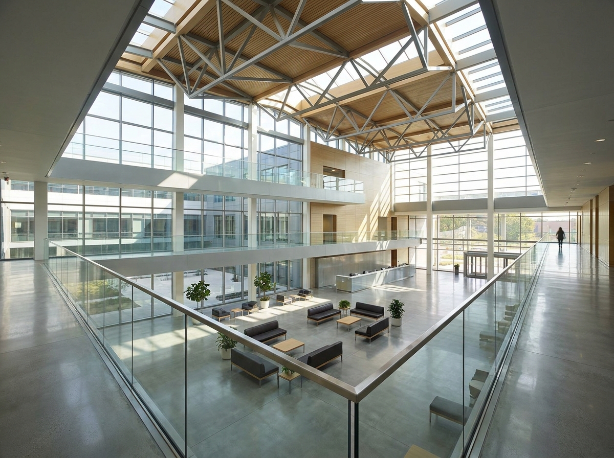 A modern, empty atrium ready for a professional networking event.