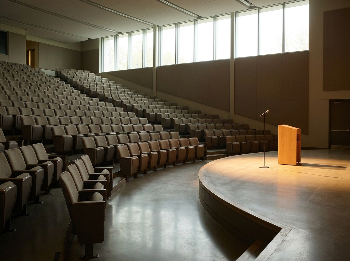 An empty auditorium stage set for a professional event speaker.