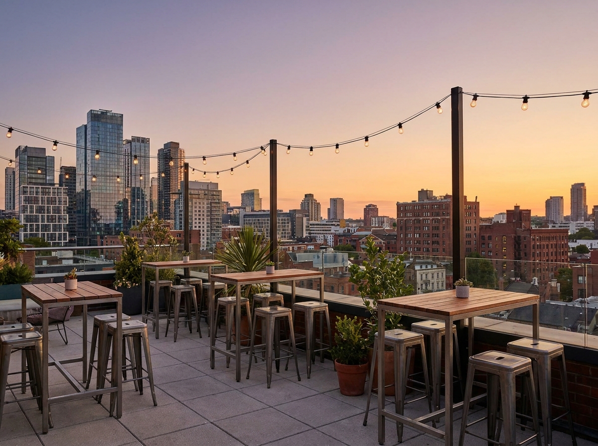 Rooftop terrace set for an evening business networking event.