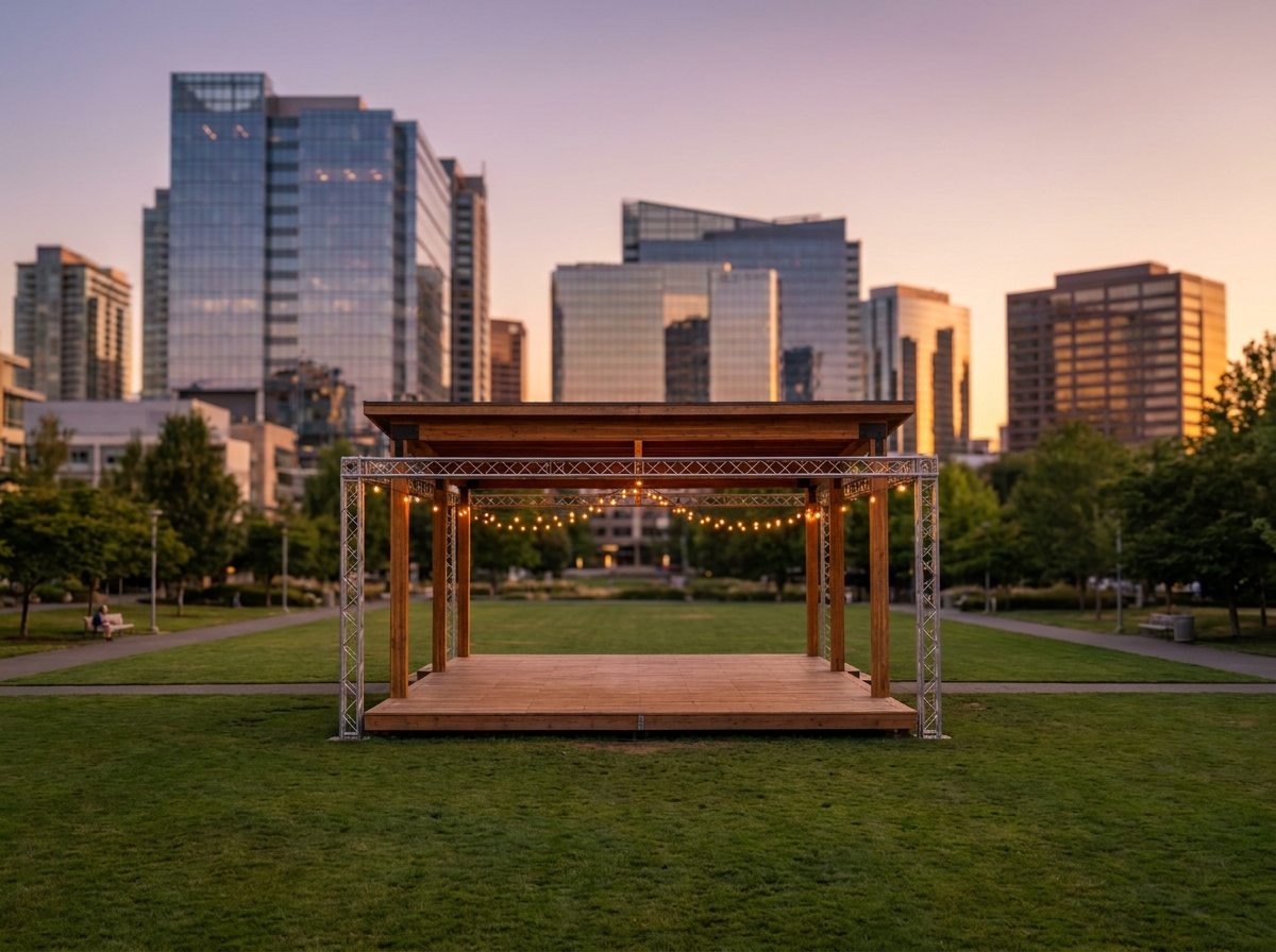 An empty stage prepared for an outdoor festival in a Bellevue park.