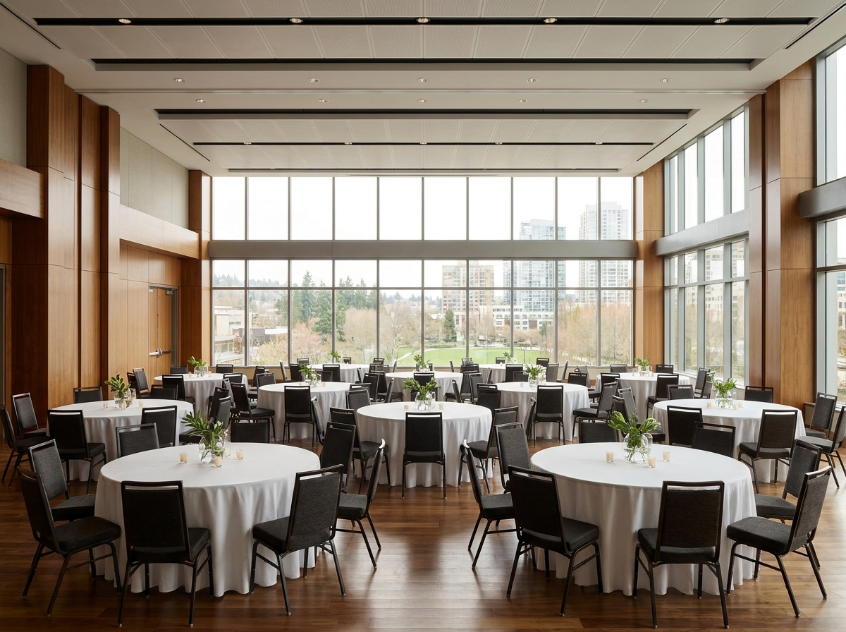 An empty hotel ballroom in Bellevue set for a corporate gala.