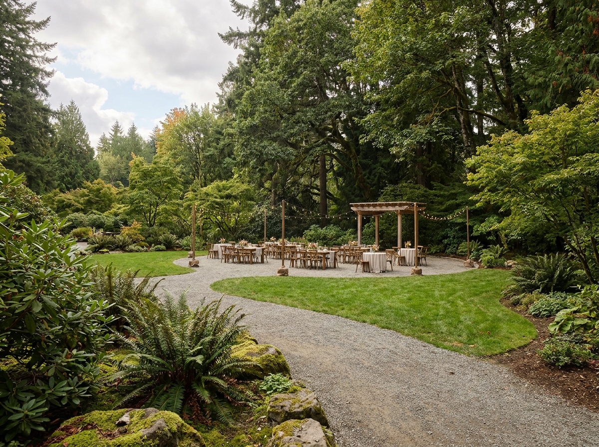 A peaceful garden venue in Bellevue prepared for an outdoor event.