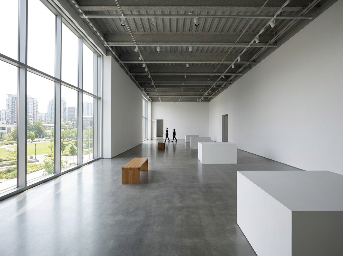 A bright, empty art gallery space in Bellevue, ready for an event.