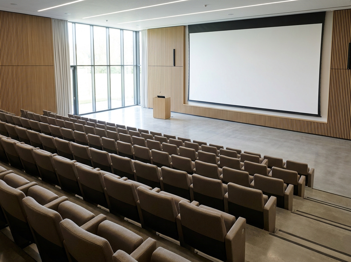 An empty lecture hall ready for a presentation at a life sciences summit.