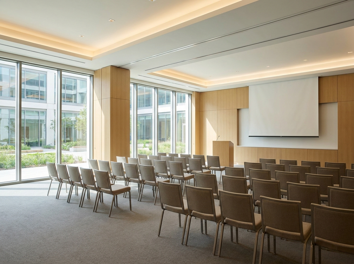 A breakout session room at a convention center, set up for a biotech workshop.