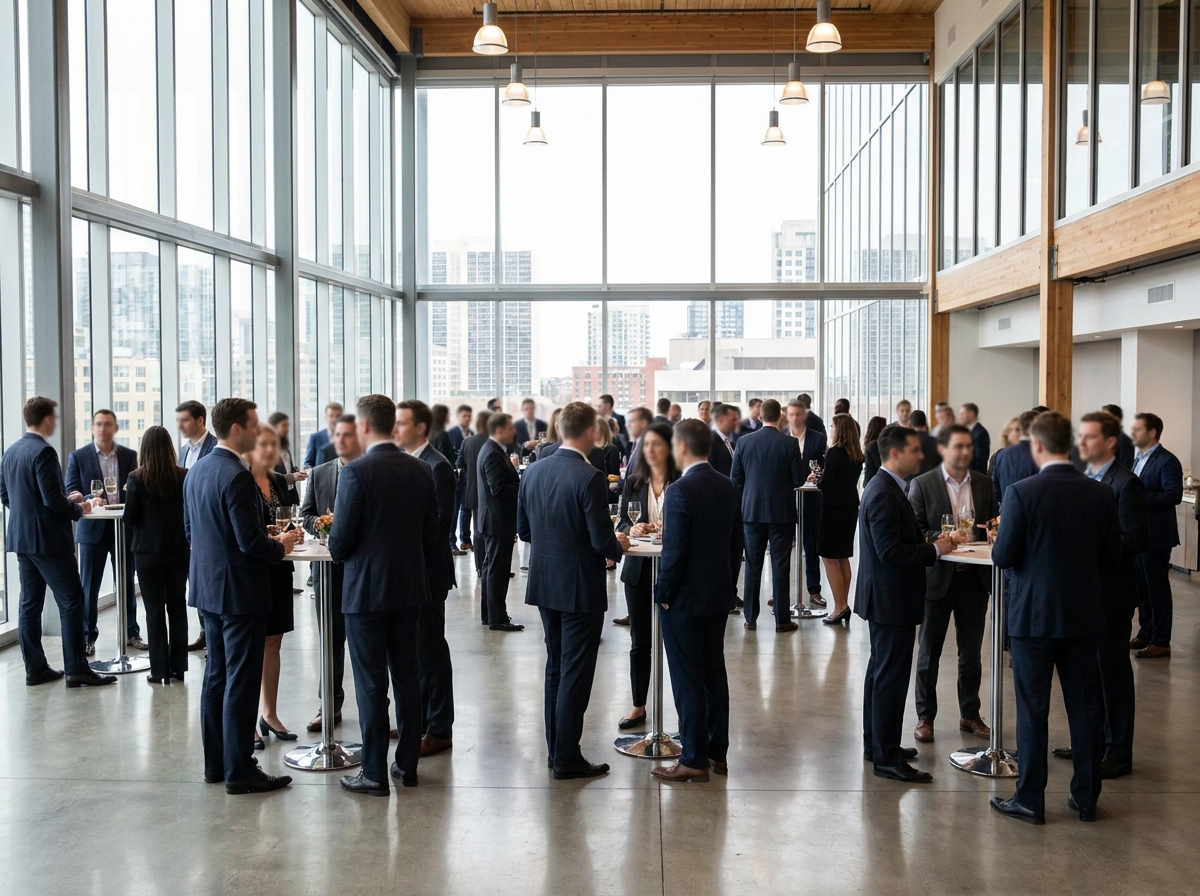 Attendees networking at a professional reception for a biotech conference.