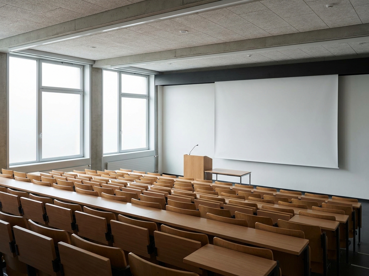 An empty lecture hall prepared for a biotech event presentation.