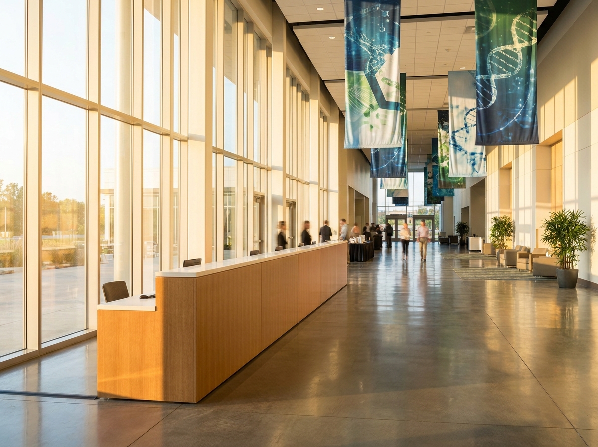 An empty, professional registration area set up for a biotech conference.
