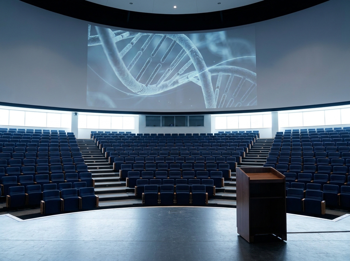 An empty auditorium stage set up for a biotech conference, with a DNA graphic on the screen.