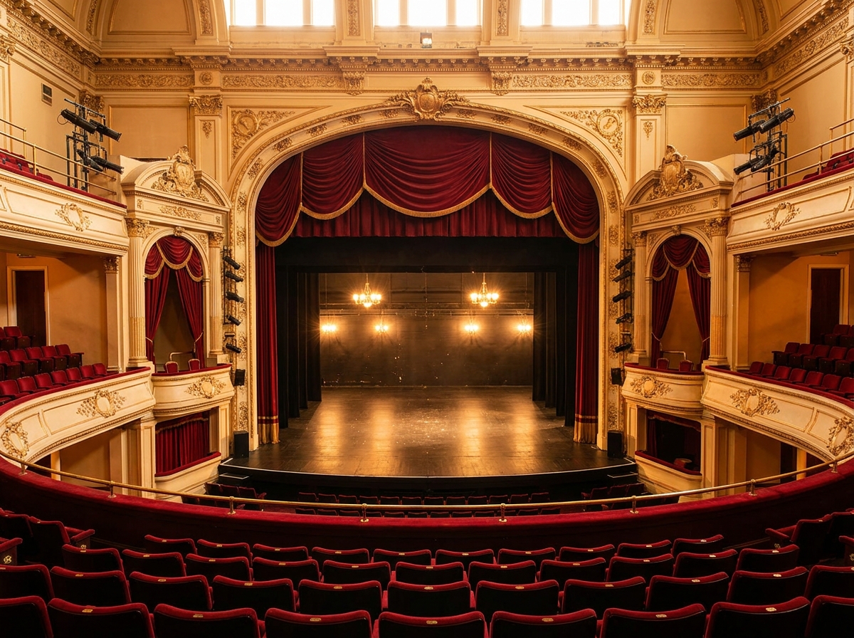 An empty stage inside a historic theatre, ready for a performance in Birmingham.