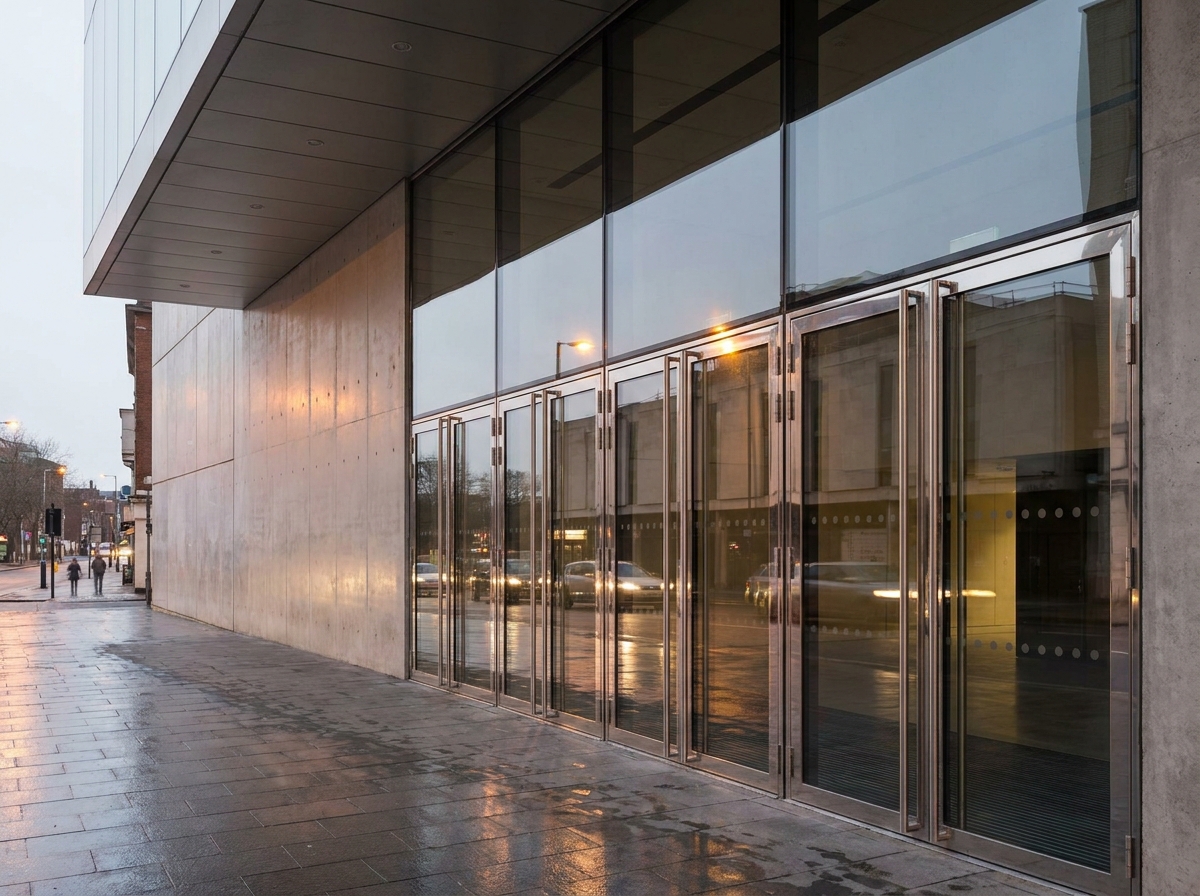 The empty entrance of a contemporary Birmingham music venue at night.