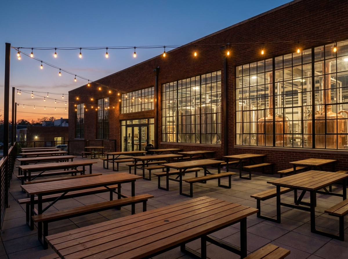 The empty, well-lit patio of a craft brewery in Birmingham.
