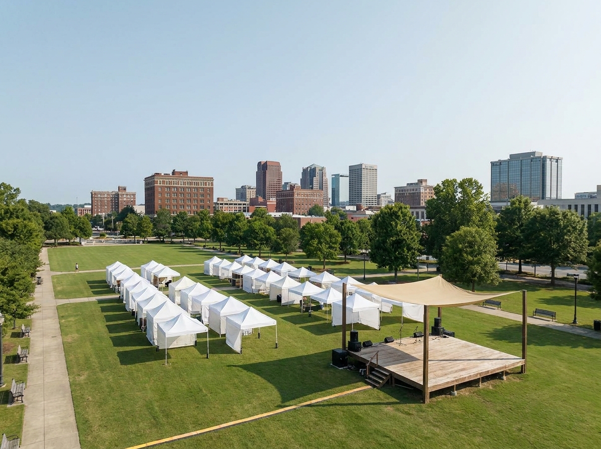 An outdoor festival space in a Birmingham park being set up before attendees arrive.