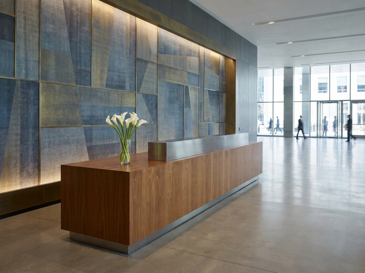 A clean, empty registration desk for a professional event.