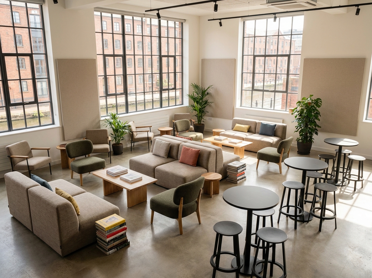Modern co-working space in Birmingham set for a networking event.