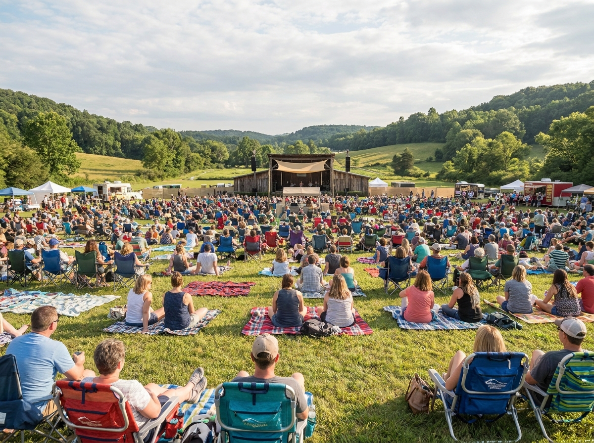 A large audience enjoying a sunny day at a bluegrass festival.