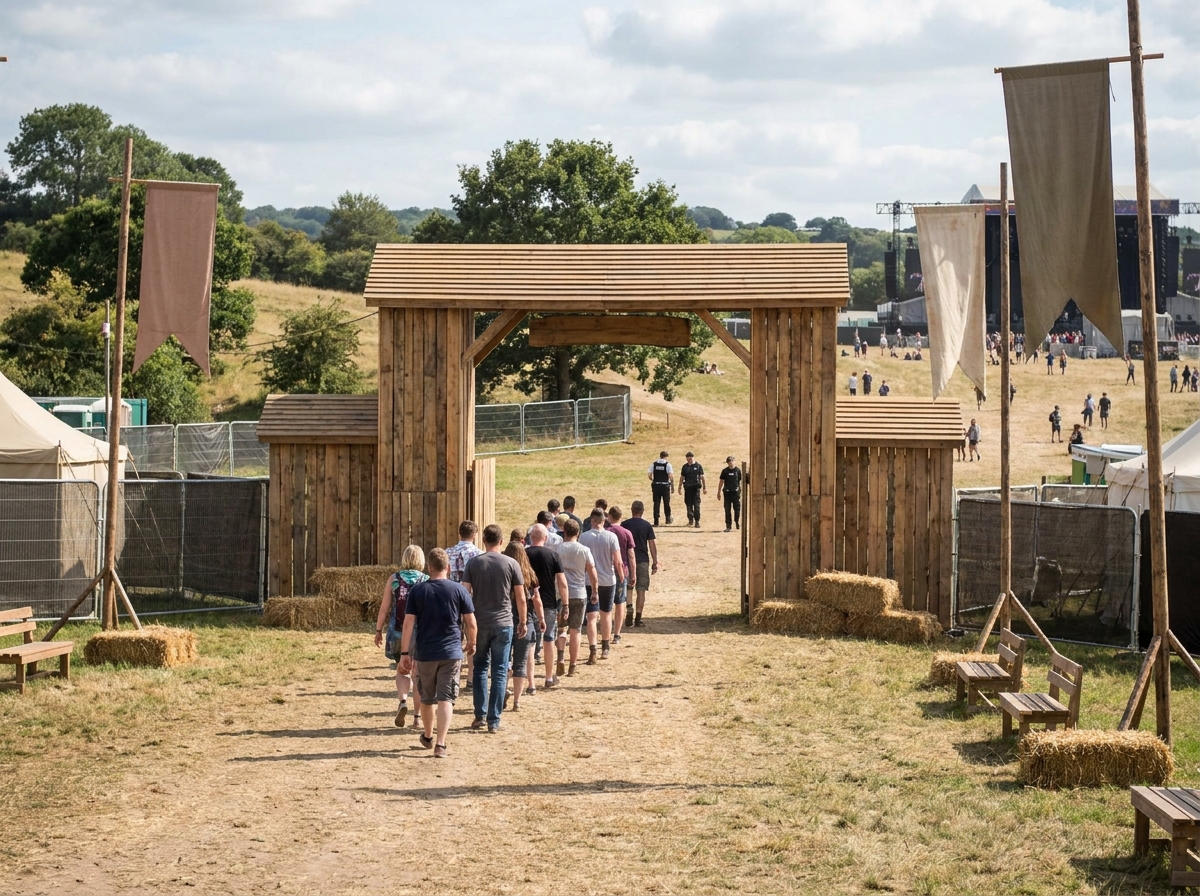 Attendees lining up at the entrance of an outdoor bluegrass festival.