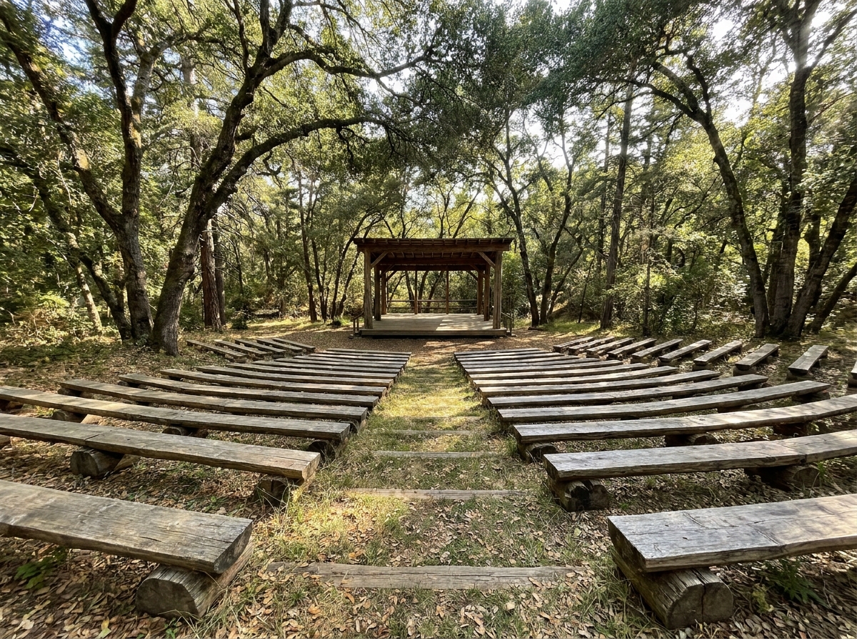 An empty outdoor amphitheater ready for a bluegrass event.