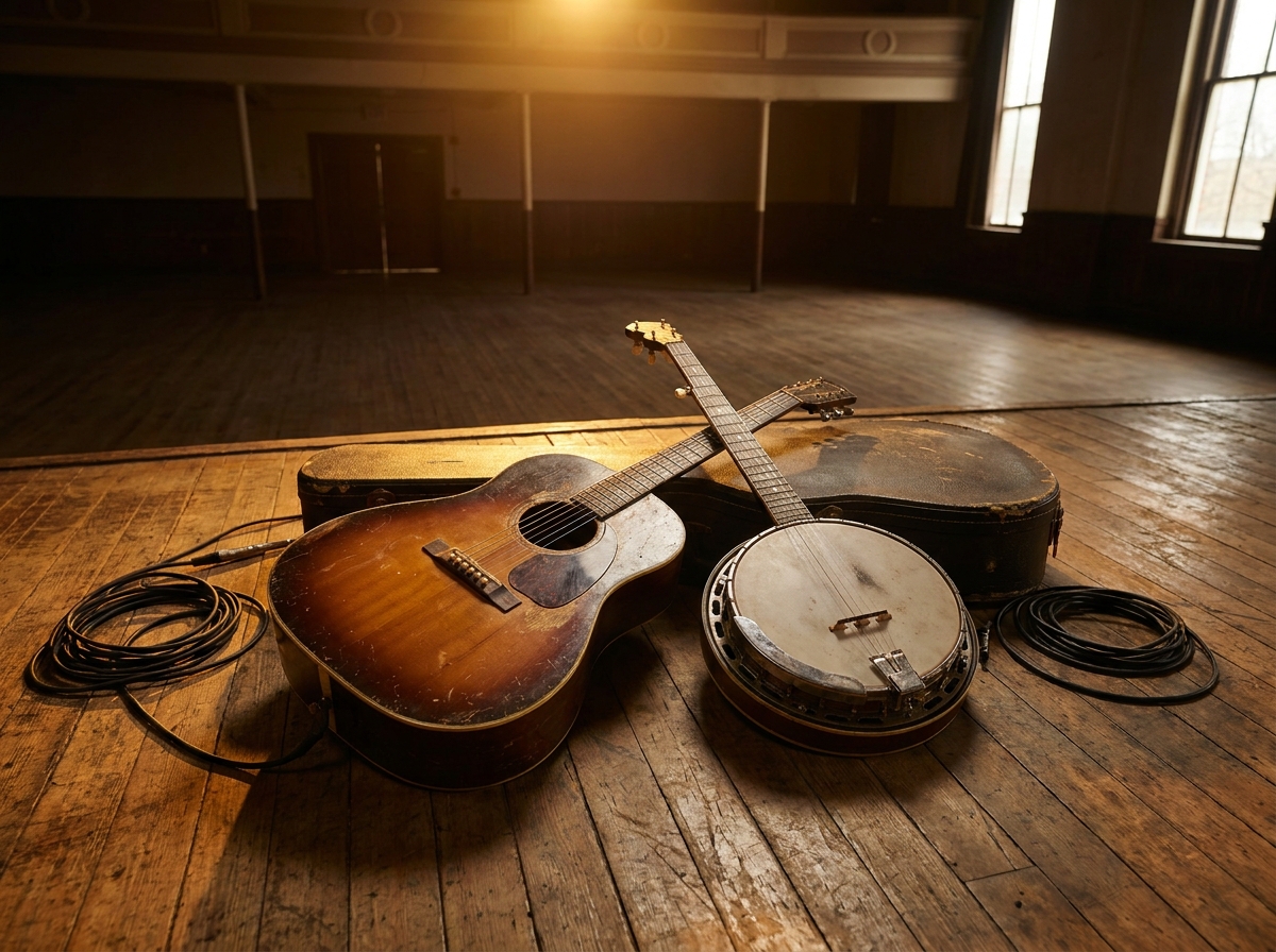 A guitar and banjo on a stage before a bluegrass performance.