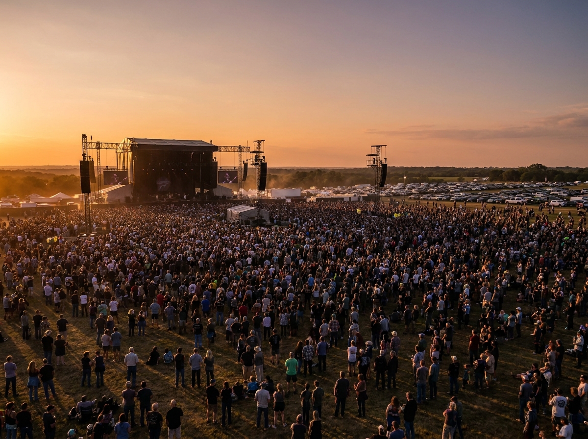 A large crowd gathered at an outdoor stage for a blues festival at sunset.
