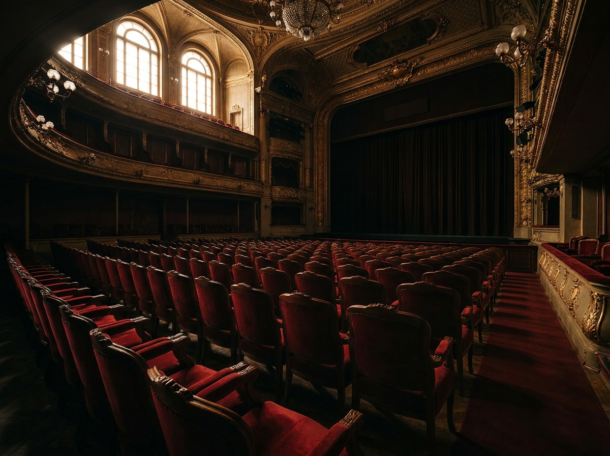 Empty seats in an old theater, prepared for a blues event.